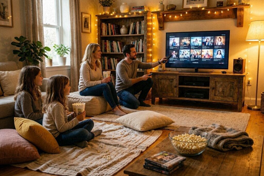 Cheap summer family outing idea with a DIY cinema day at home where the family enjoys movies and popcorn together.