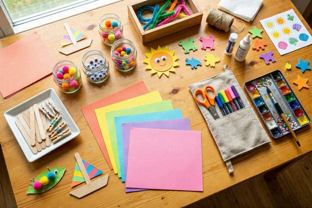Colorful craft supplies laid out on a table for easy summer crafts for kids