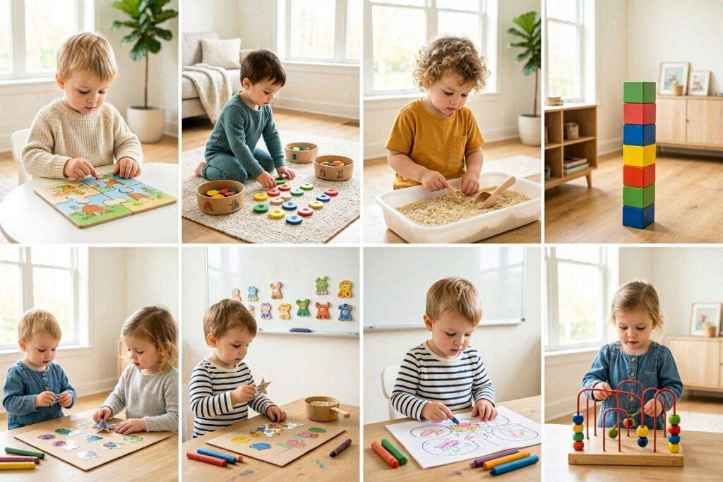 Collage of kids doing different easy summer activities including sidewalk chalk art, bubble play, scavenger hunt, water balloon