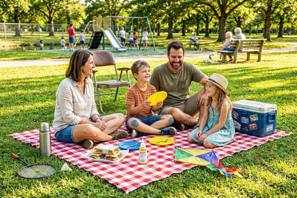 Happy family enjoying cheap family summer outings at a sunny park