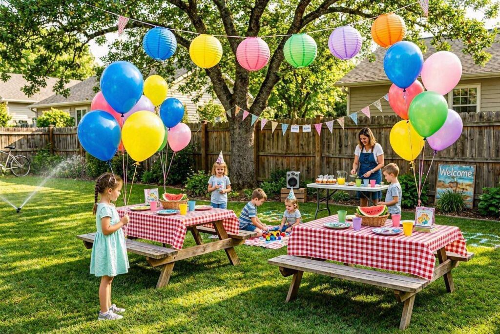 Kids summer party theme ideas with colorful backyard decorations and balloons for outdoor celebration