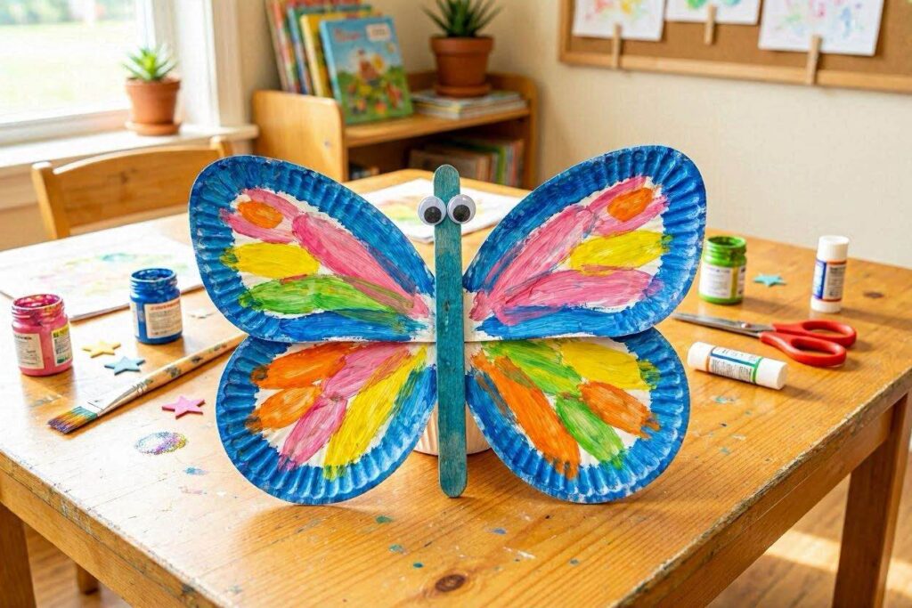 Paper plate butterfly craft for toddlers, painted in bright colors with googly eyes