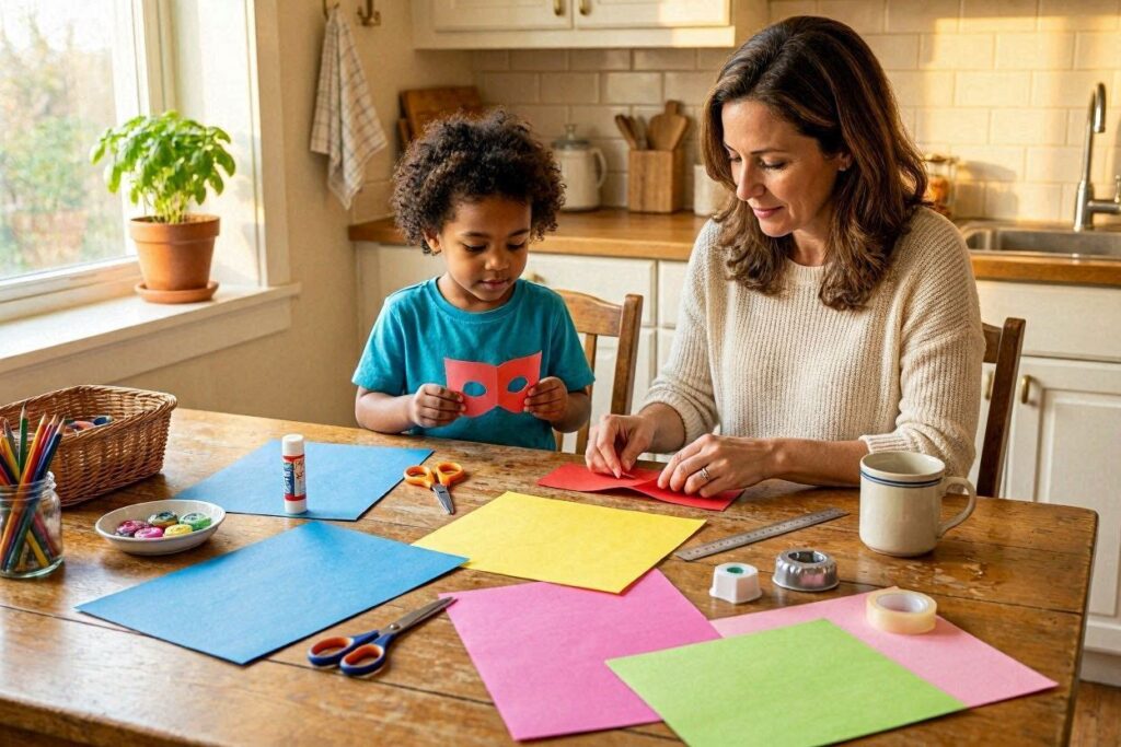 Mom and child doing paper craft ideas for kids together at a kitchen table with colored paper and scissors