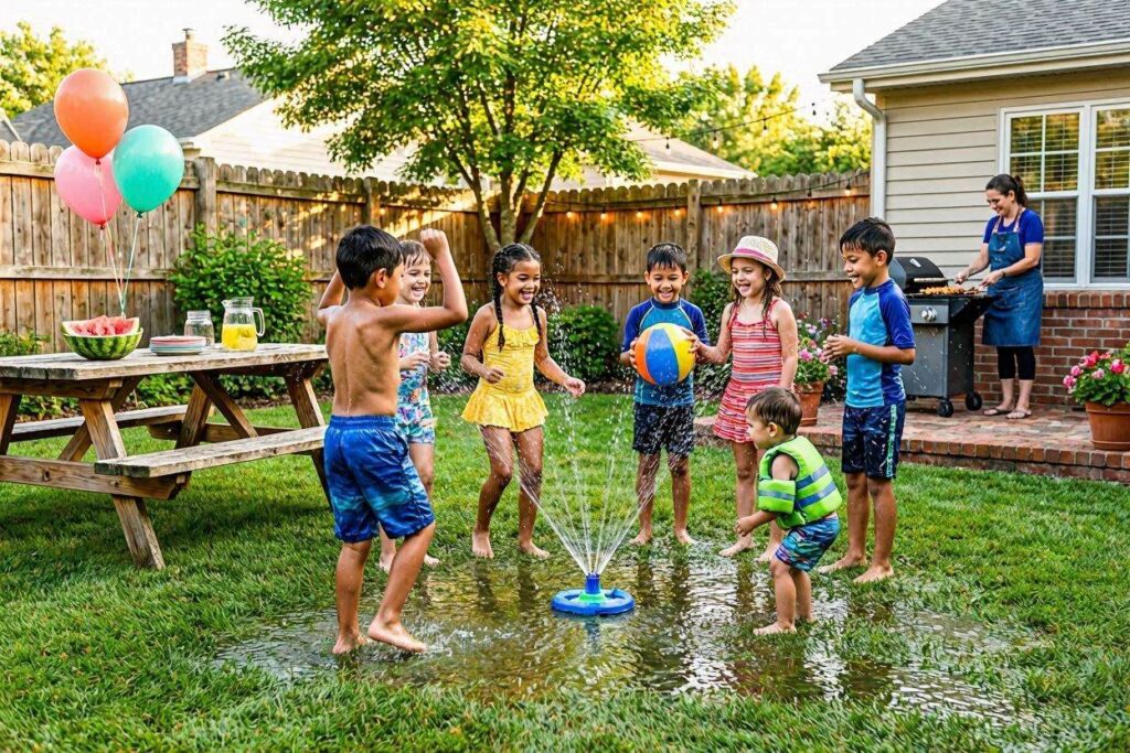water fun party in backyard with kids playing in sprinkler for summer party theme