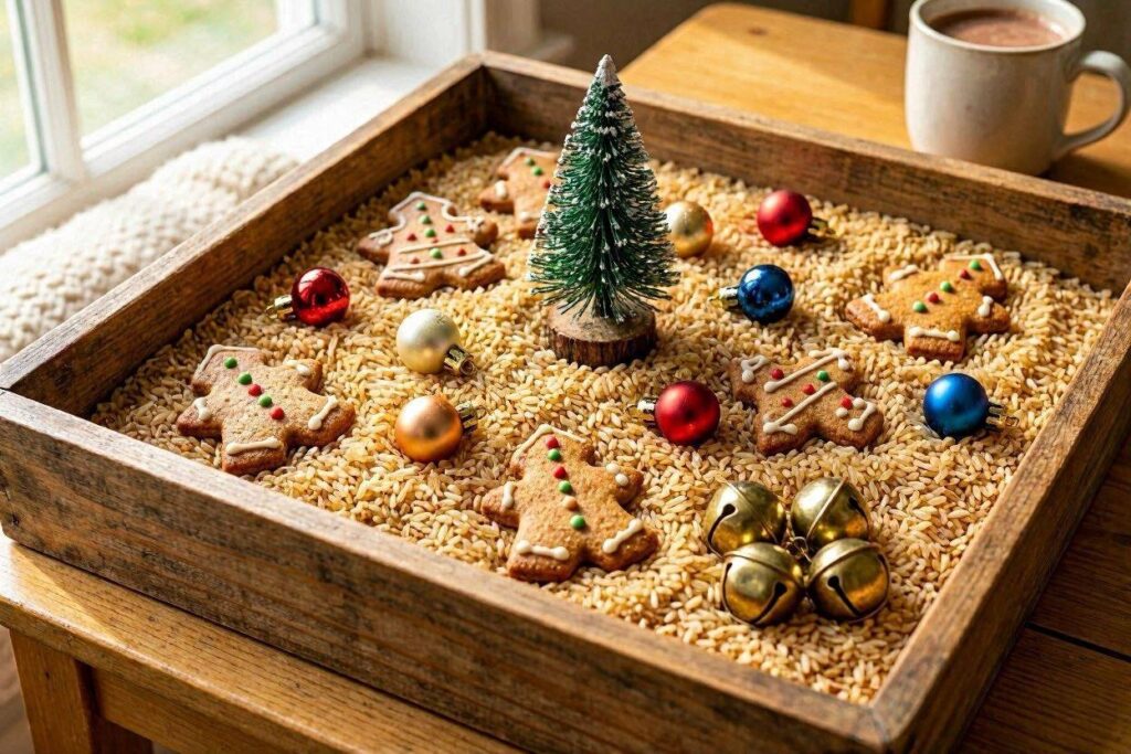 Christmas gingerbread sensory bin for toddlers with holiday ornaments and jingle bells