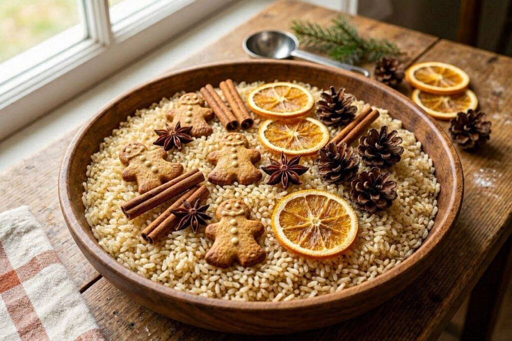 gingerbread sensory bin with natural loose parts including cinnamon sticks pinecones and star anise