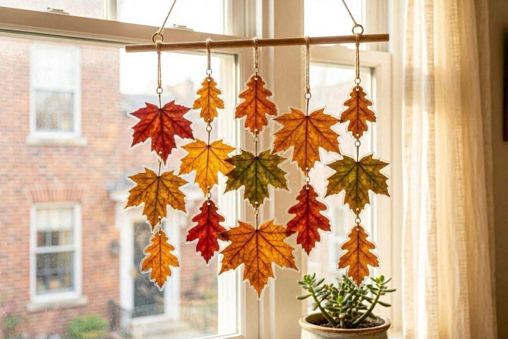 fall leaf suncatcher mobile craft for toddlers hanging near sunny window