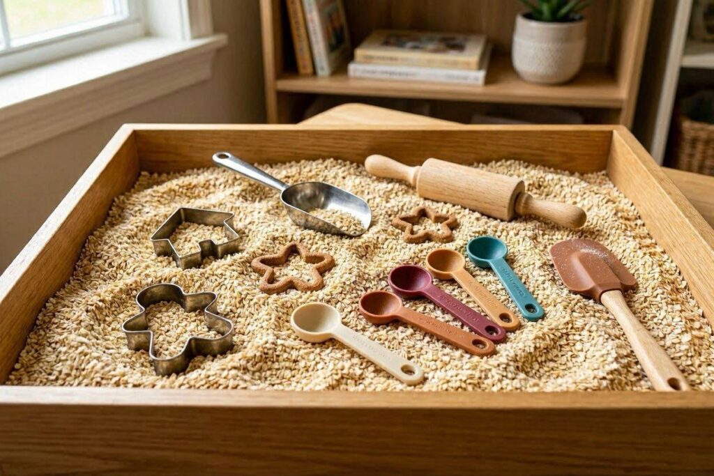 gingerbread oat sensory bin for toddlers safe edible base with cookie cutters