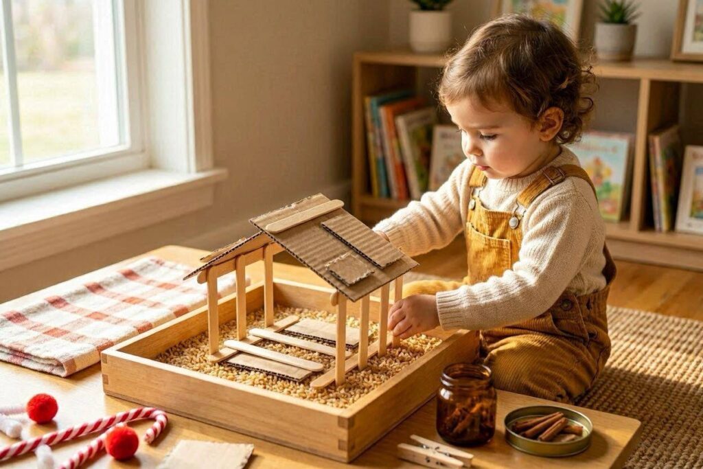 gingerbread house building sensory bin for toddlers using popsicle sticks and cardboard