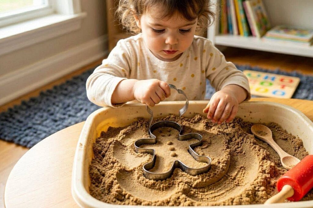 gingerbread sensory bin with brown kinetic sand and cookie cutter impressions for toddlers