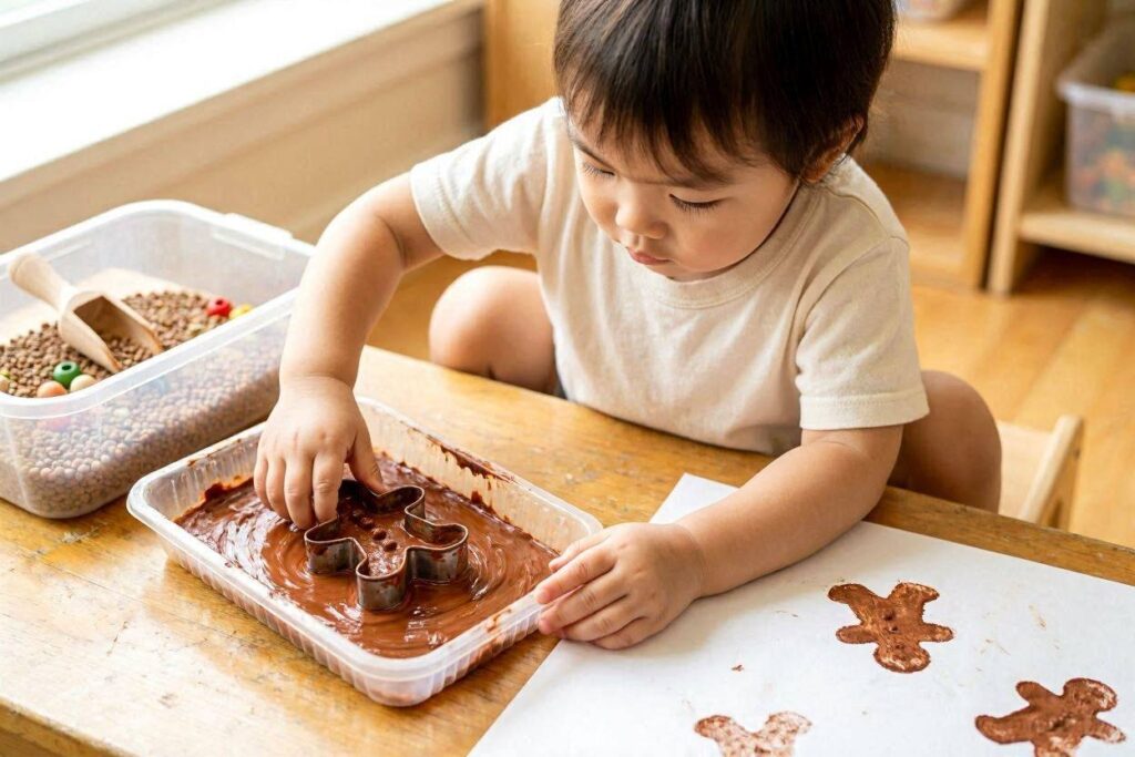 gingerbread stamping activity using cookie cutters and paint alongside a gingerbread sensory bin