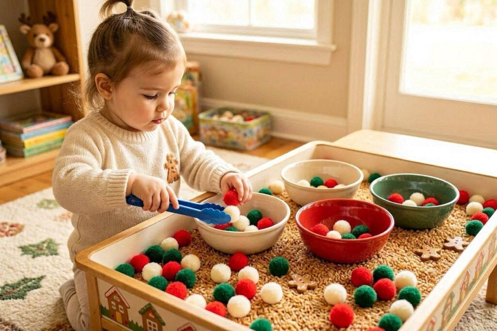 gingerbread sensory bin color sorting activity for toddlers with pom poms and small bowls