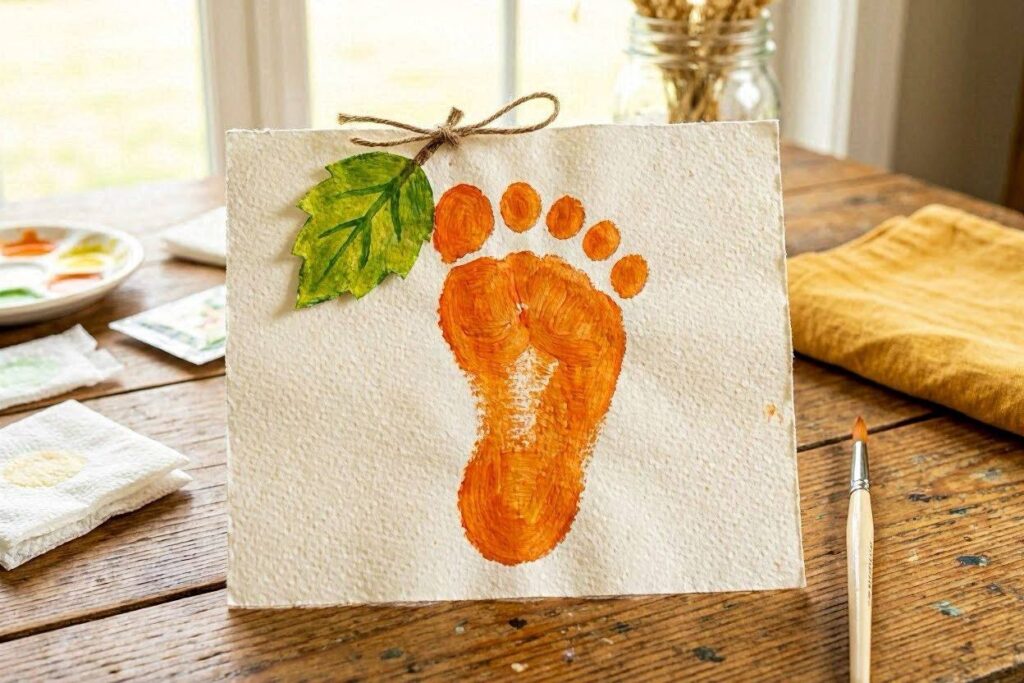 Baby footprint pumpkin craft painted orange with green leaf 