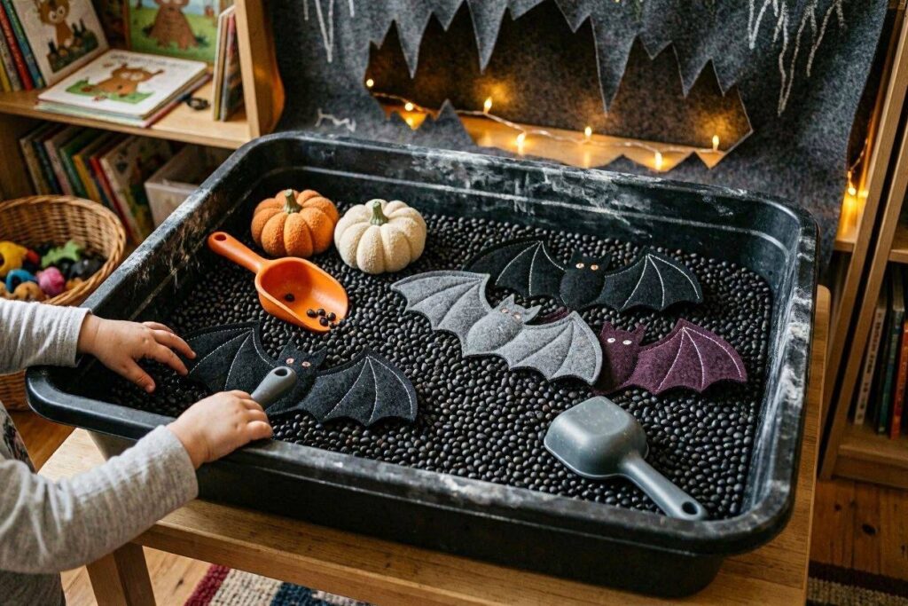 Bat cave Halloween sensory bin with black beans for toddlers