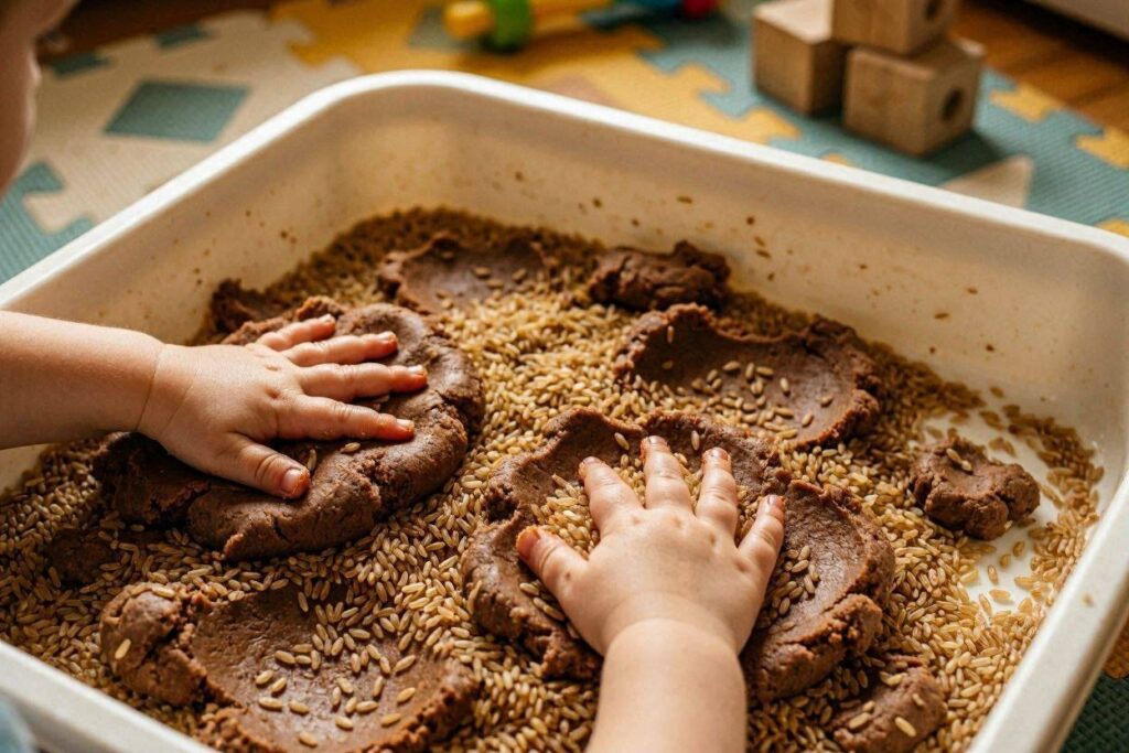gingerbread sensory bin with brown playdough and rice for toddler sensory play"