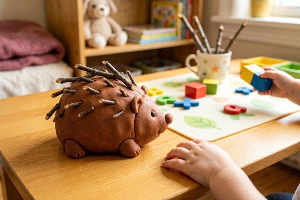 Brown playdough hedgehog with small twigs pressed in as spikes