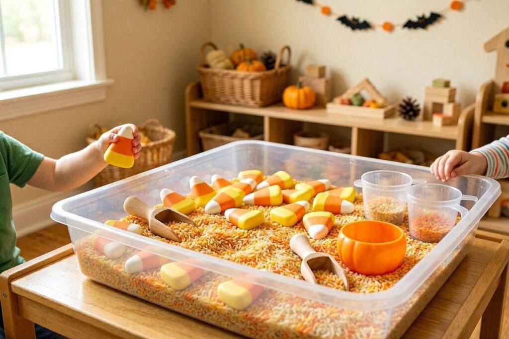 Candy corn Halloween sensory bin with colored rice for toddlers