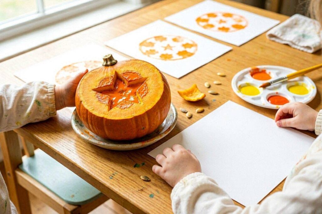 Cut pumpkin being used as a stamp dipped in orange paint for toddler craft