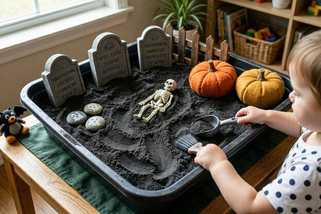 Graveyard Halloween sensory bin for toddlers with dark sand and tombstones
