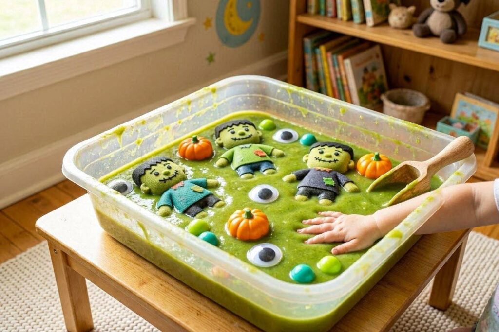 Green slime Halloween sensory bin with Frankenstein toys for toddlers