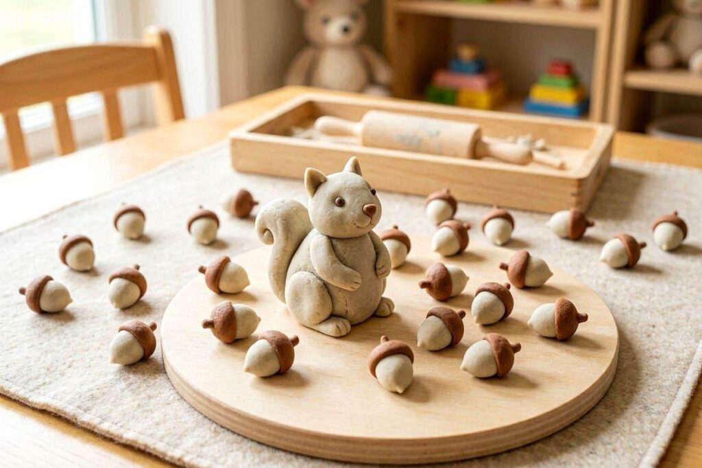 Grey playdough squirrel surrounded by small playdough acorns