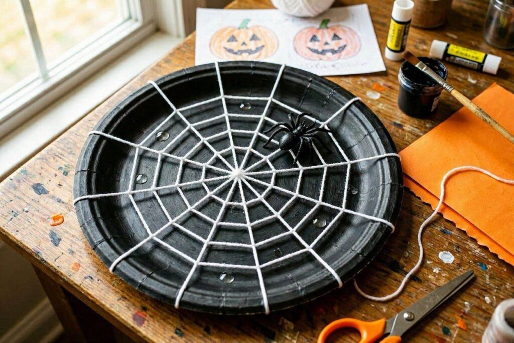 Halloween paper plate spider web craft for kids 