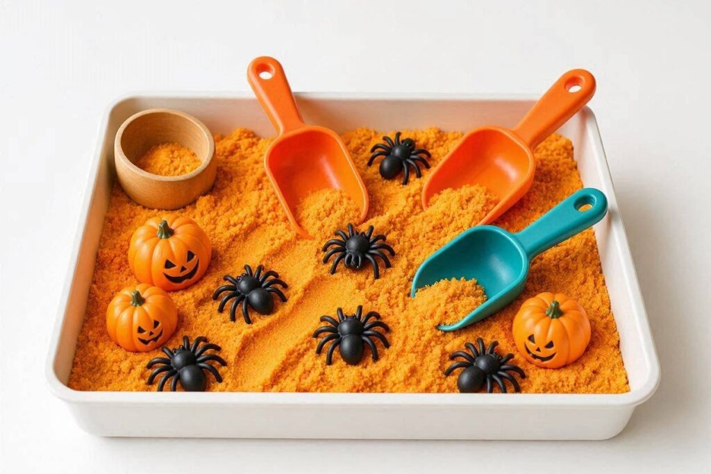 Halloween Gifts for Toddlers: Halloween sensory bin kit with kinetic sand, pumpkins, spiders, and scoops