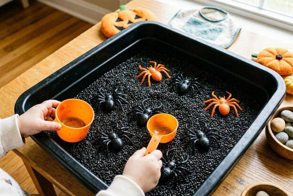  Halloween sensory bin with black rice and plastic spiders for toddlers