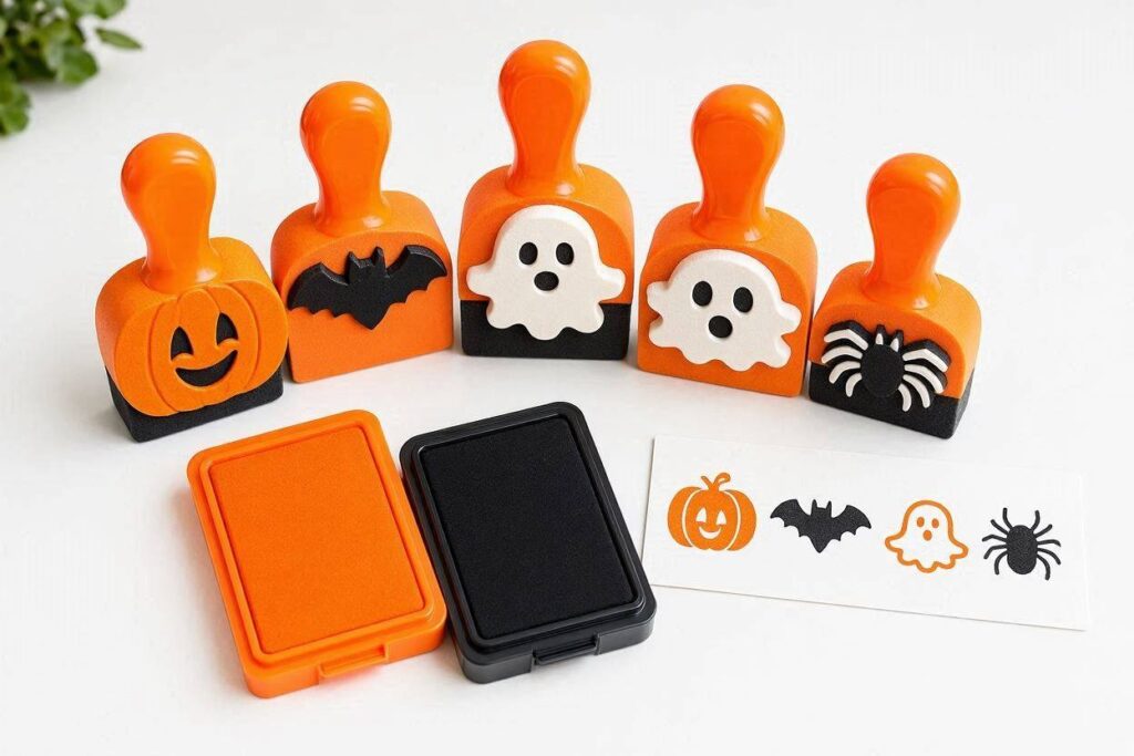 Halloween Gifts for Toddlers: Halloween stamper set with pumpkin, bat, ghost, and spider stamps