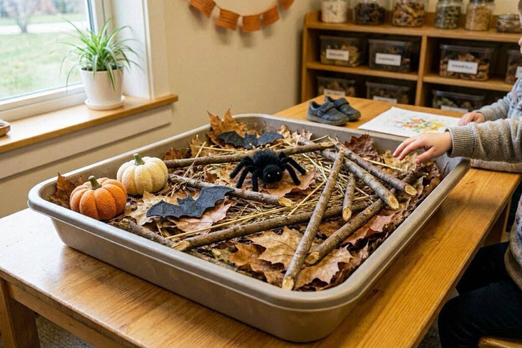 Haunted forest Halloween sensory bin with leaves and twigs for toddlers
