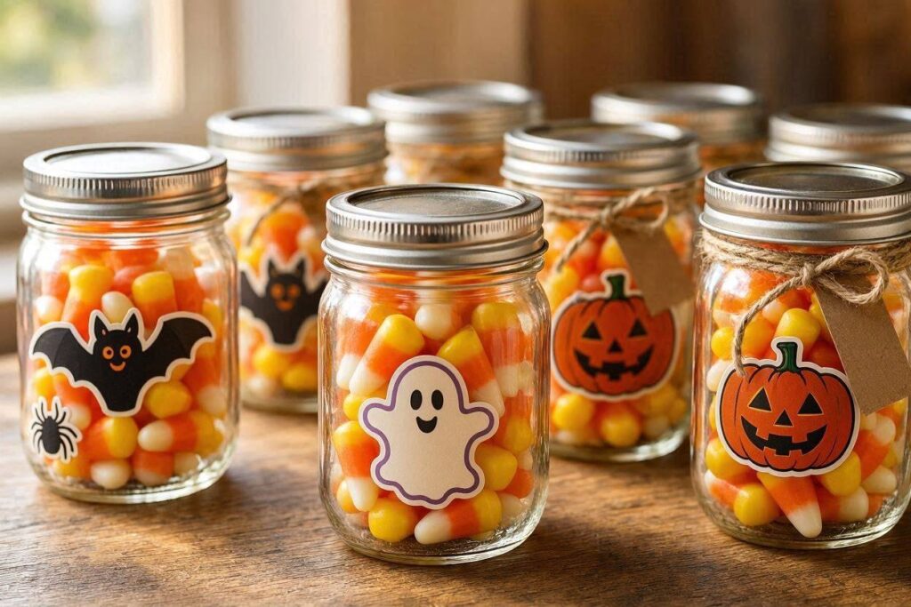 Decorated mason jar Halloween party favors for kids