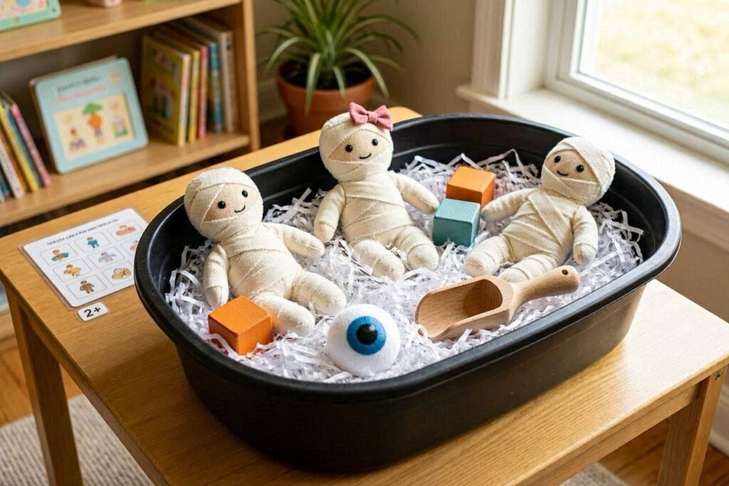  Mummy-themed Halloween sensory bin with white shredded paper for toddlers