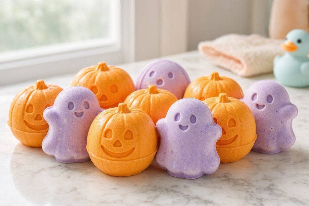 Halloween Gifts for Toddlers: Pumpkin and ghost-shaped Halloween bath bombs