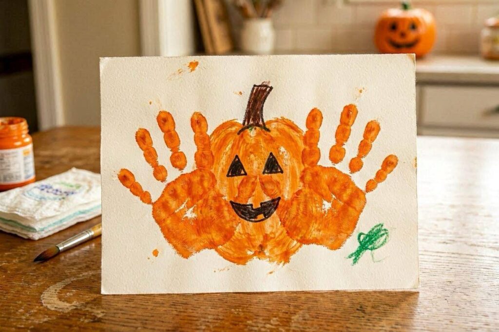 Handprint pumpkin Halloween craft activity for toddlers