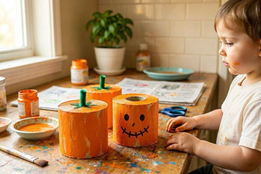 Painted orange toilet paper rolls turned into pumpkins by toddler