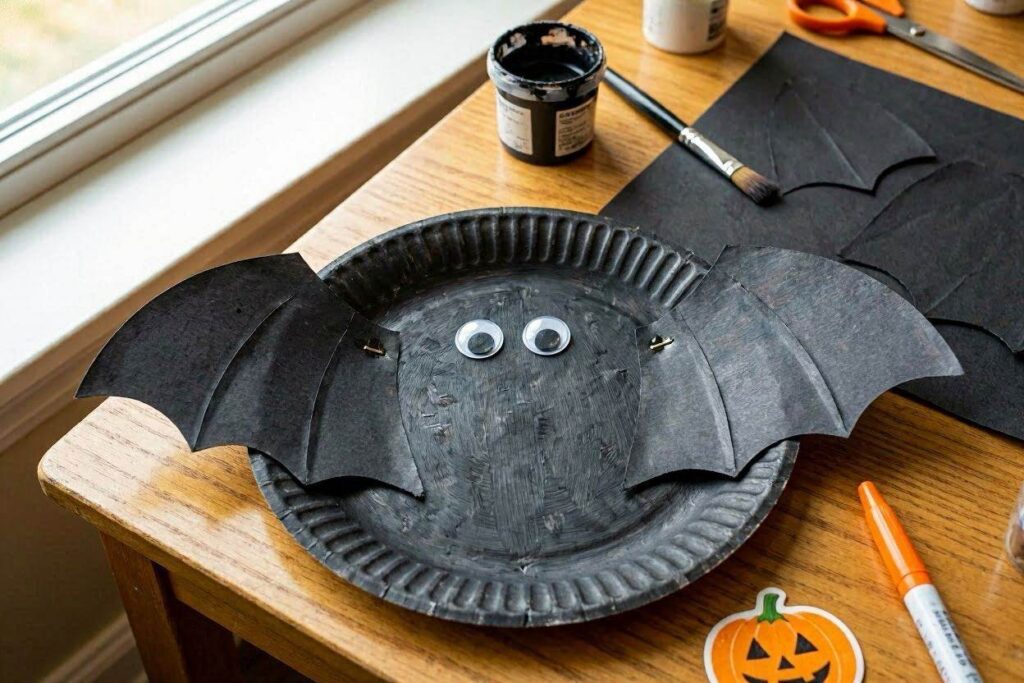Paper plate bat Halloween craft for kids painted black with cut bat wings