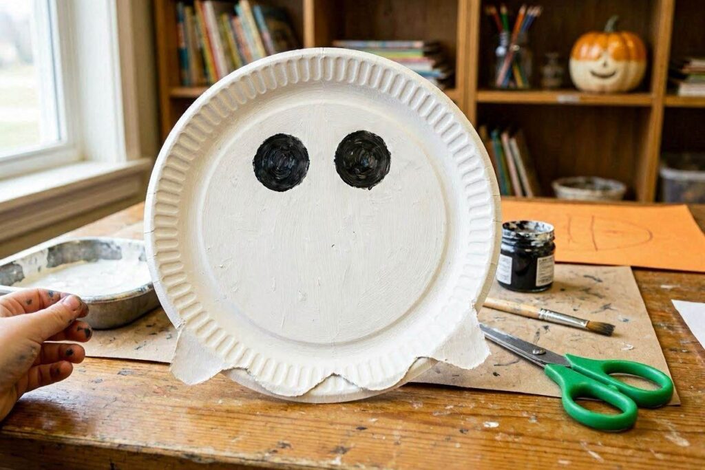 Paper plate ghost Halloween craft for kids painted white with black circle eyes 
