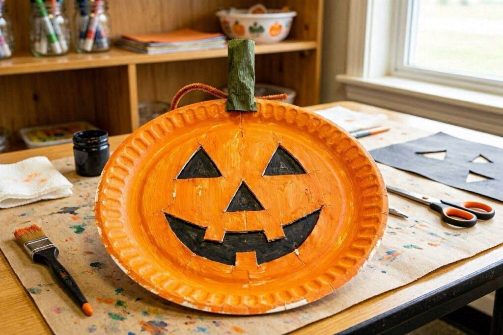 Paper plate jack-o-lantern craft for kids painted bright orange 