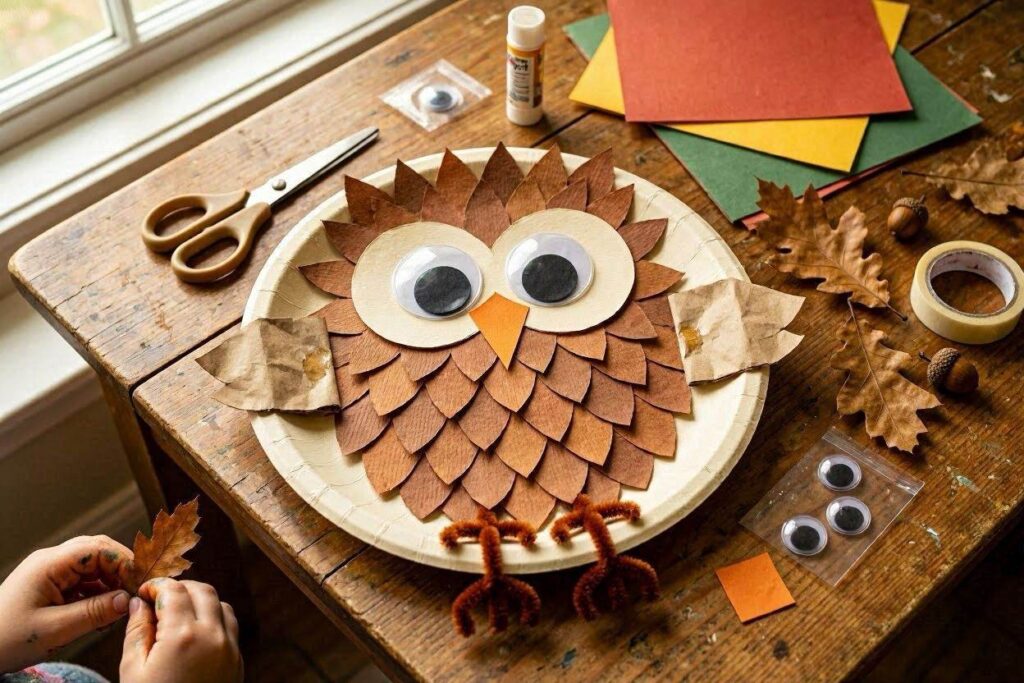 Paper plate owl fall craft for kids with big googly eyes 