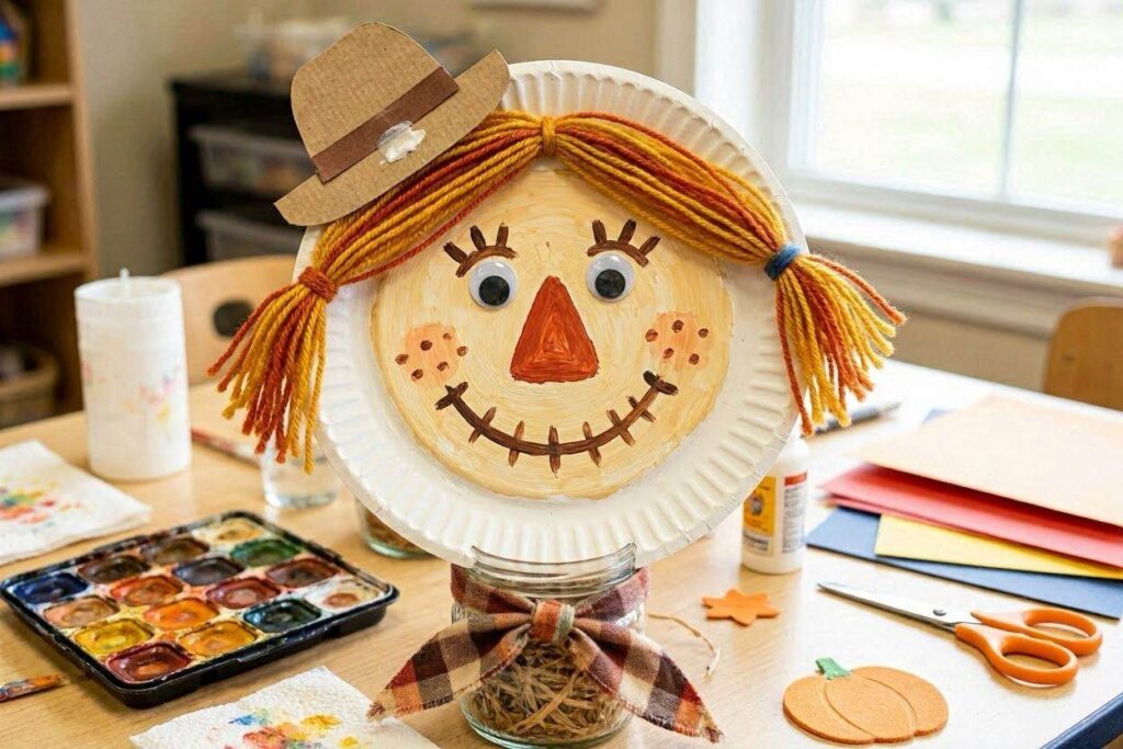 Paper plate scarecrow craft for kids with yarn hair and painted face on paper plate