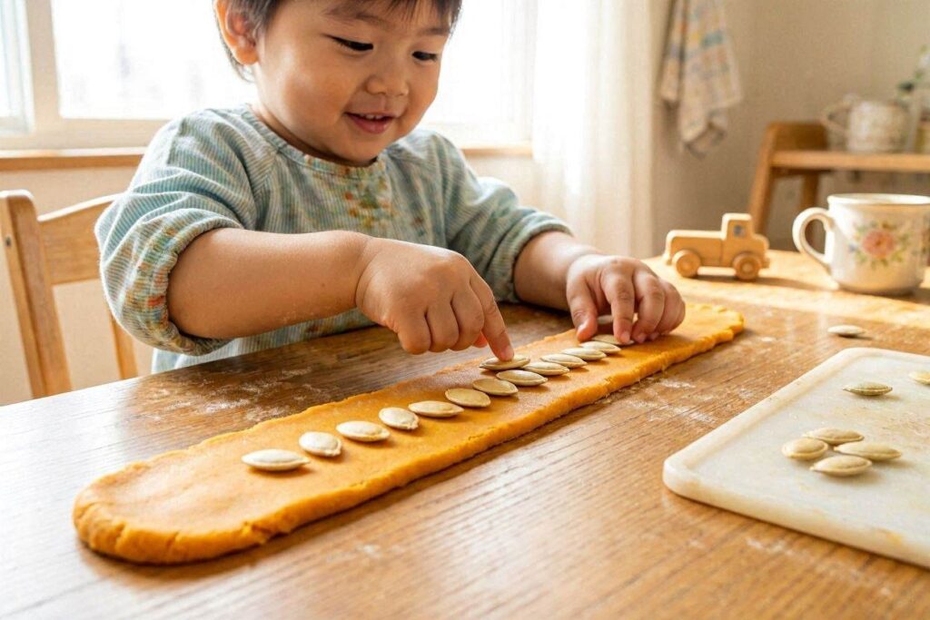 Pumpkin seeds pressed into a row of orange playdough