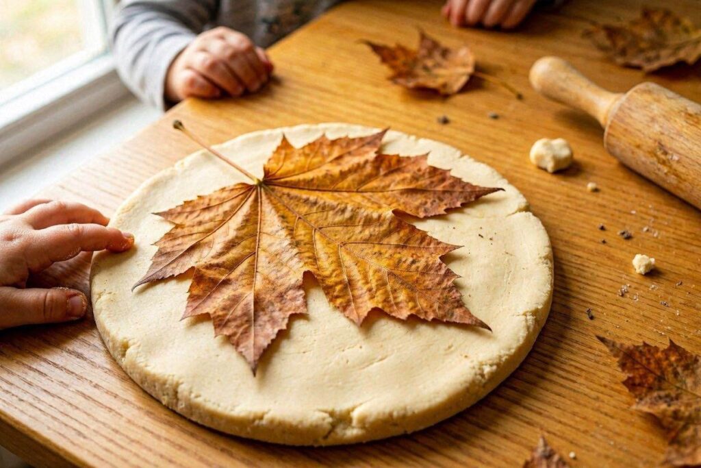 Real fall leaf pressed into flat playdough leaving a vein print