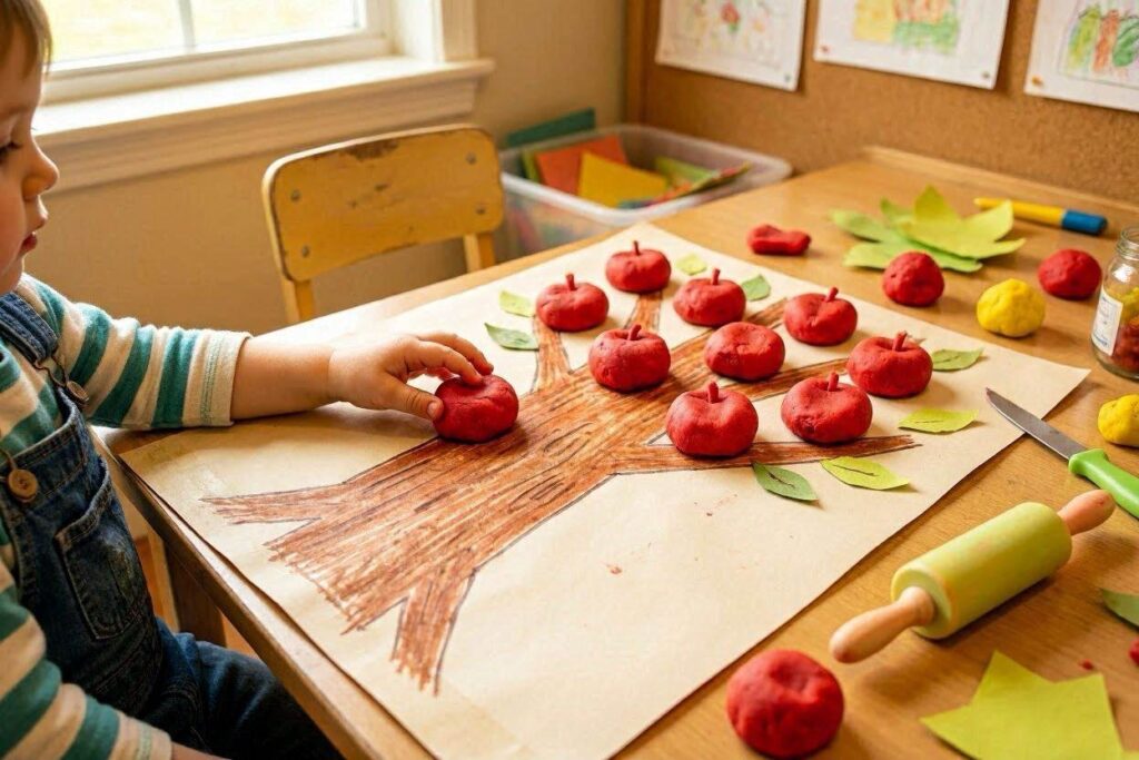 Toddler making a pretend apple pie from flattened tan playdough