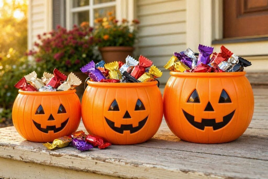 Mini pumpkin buckets as Halloween party favors for kids 