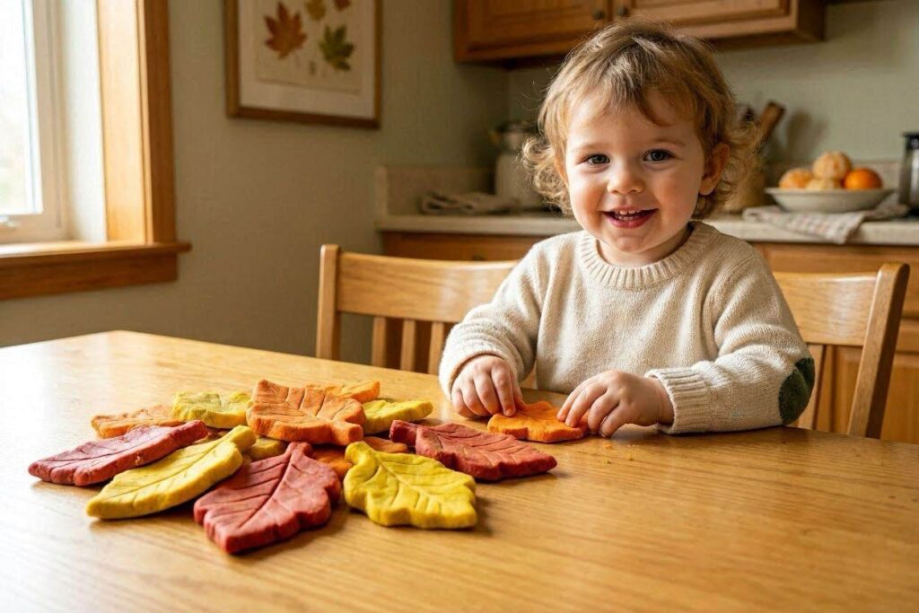 Small pile of mixed red, yellow, and orange playdough shaped like fall leaves