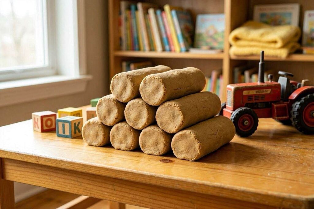 Small tan toddler playdough logs stacked to look like mini hay bales for toddler play
