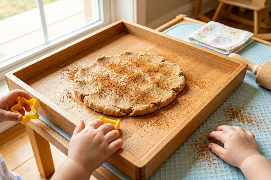 Tan playdough sprinkled with ground cinnamon on a wooden tray