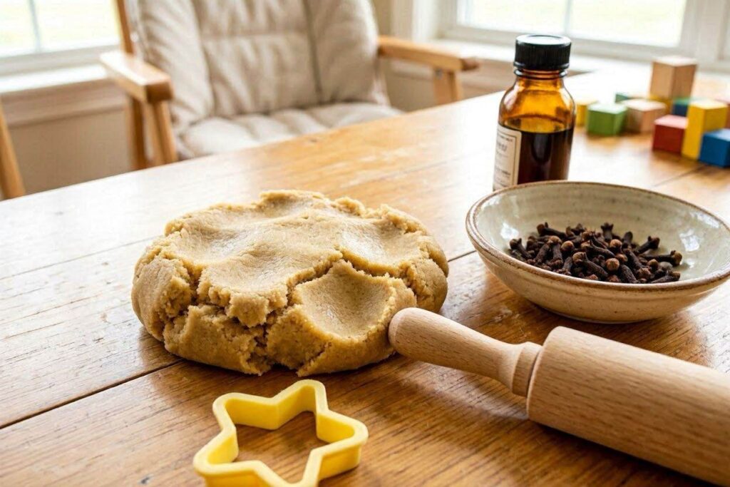 Tan playdough with a small bowl of cloves and vanilla extract beside it"