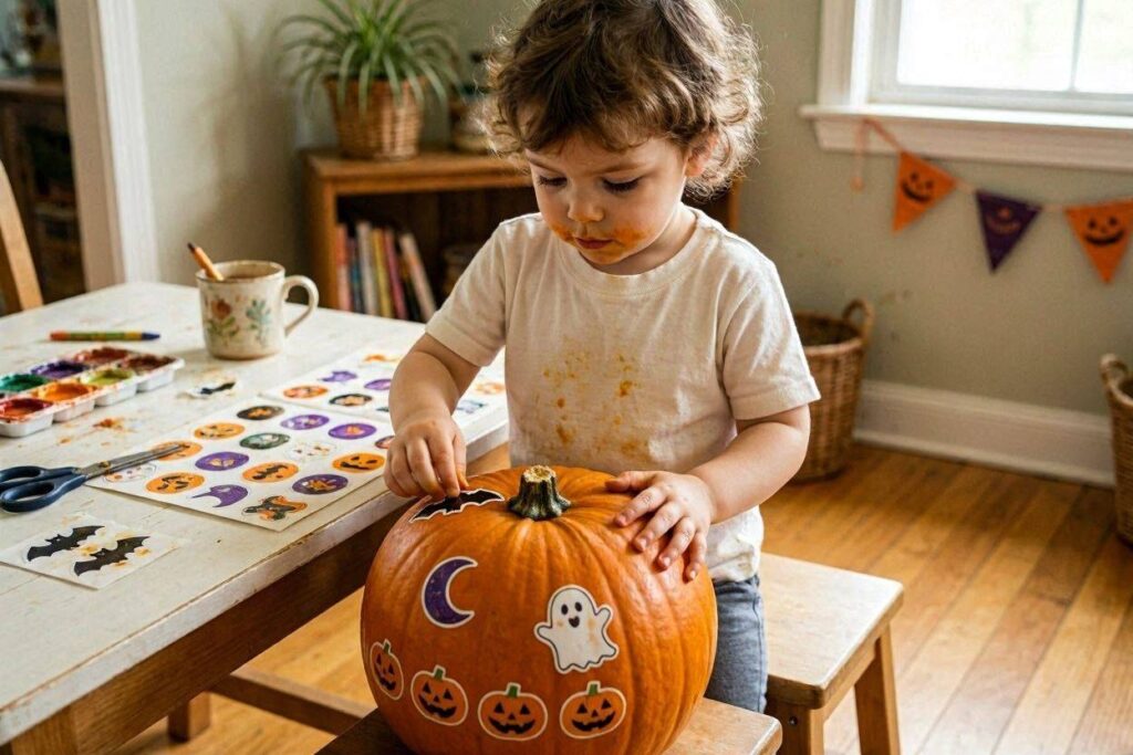 Halloween pumpkin sticker decorating activity for toddlers