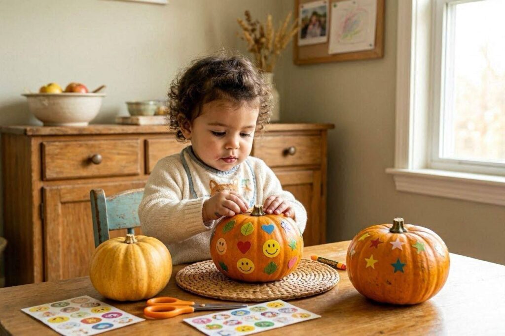 Toddler decorating small real pumpkins with colorful stickers